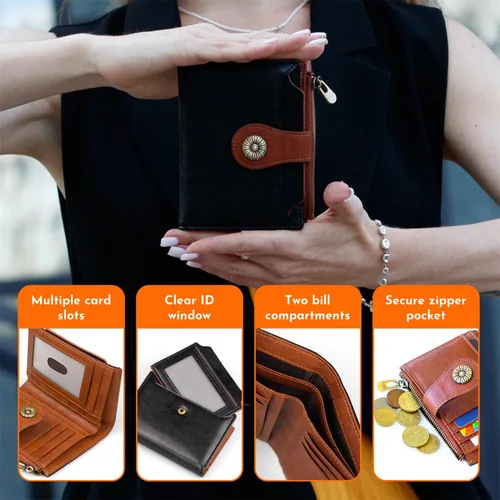 Vista 2 de Cartera pequeña para mujer, con bloqueo RFID, de piel suave, plegable, compacta, tarjetero para mujer, con bolsillo con cremallera, color negro