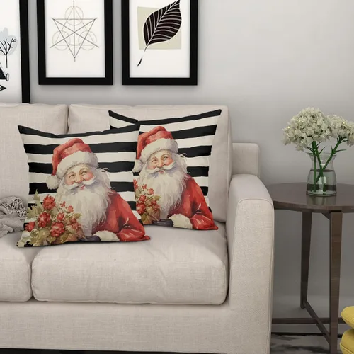 Vista 7 de Juego de 2 fundas de almohada navideñas de 20 x 20 pulgadas, diseño de Papá Noel, diseño floral rojo, a rayas, para exteriores, estilo granja