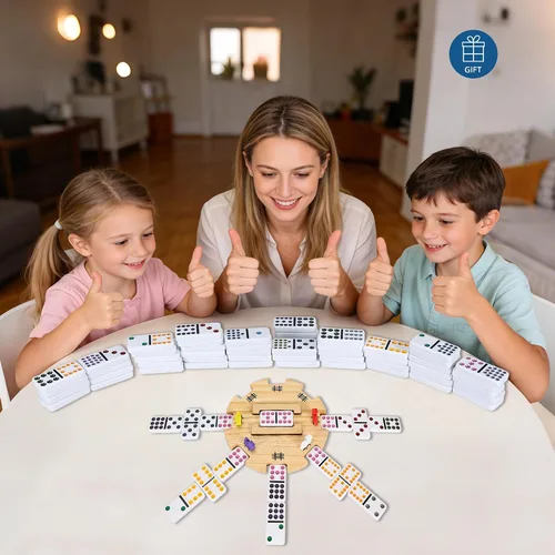 Vista 8 de GOTHINK Juego de dominó doble de 12 trenes mexicanos en estuche de transporte de madera, juego de dominó de puntos de colores para adultos, niños