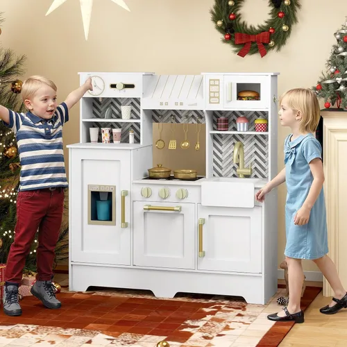 Vista 9 de Costzon Juego de cocina para niños, juego de cocina para niños pequeños con estufas, grifo, fregadero, máquina de café, campana extractora, horno