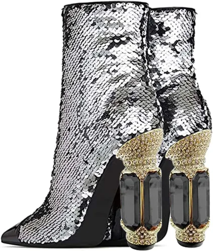 Vista 114 de FSJ Botas de tacón alto con punta puntiaguda para mujer, con tacón alto, con cremallera lateral brillante, estilo casual, para uso diario, zapatos