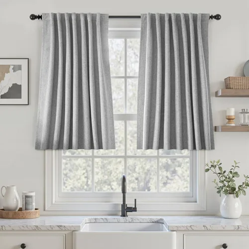 Vista 88 de UHITECH Cortinas cortas de lino de 24 pulgadas de largo para ventanas pequeñas de granja, cortinas opacas modernas para sala de estar, pestañas