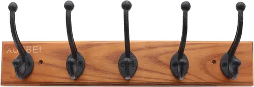Vista 2 de Ganchos rústicos de hierro fundido para abrigos, ganchos de pared negros, perchero resistente con 5 ganchos de pared, madera de fresno