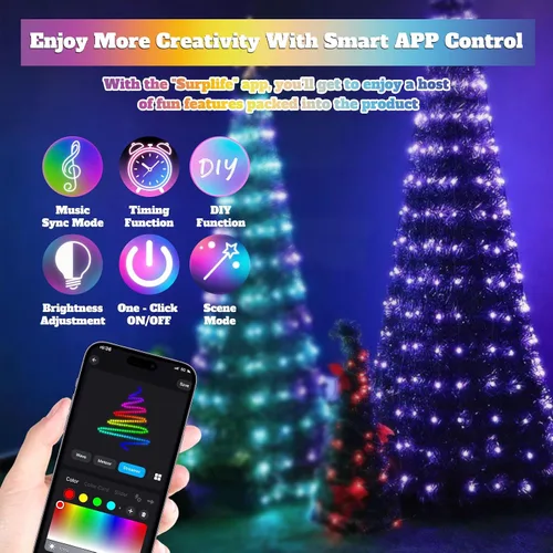 Vista 4 de Luces para árbol de Navidad – 200 luces LED multicolor con más de 100 modos de luces inteligentes con aplicación, control remoto con sincronización