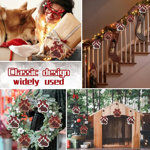 Vista 6 de Adornos navideños de madera con forma de pata de perro para árbol de Navidad, decoración colgante de huella de pata de perro con corbatines