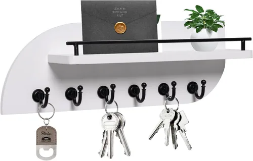Vista 8 de Soporte para llaves de pared, organizador decorativo de llaves y correo con 3 ganchos de metal y 2 estantes, estante de llaves de madera montado