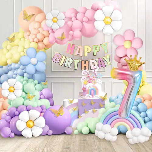 Vista 16 de Decoraciones de primer cumpleaños para niña, 219 margaritas para primer cumpleaños, kit de arco de globos pastel, pancarta de feliz cumpleaños