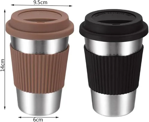 Vista 3 de Hoshen Vaso de 17 onzas (con tapa de silicona), taza de café de acero inoxidable, posavasos antiquemaduras, taza para bebidas, color negro