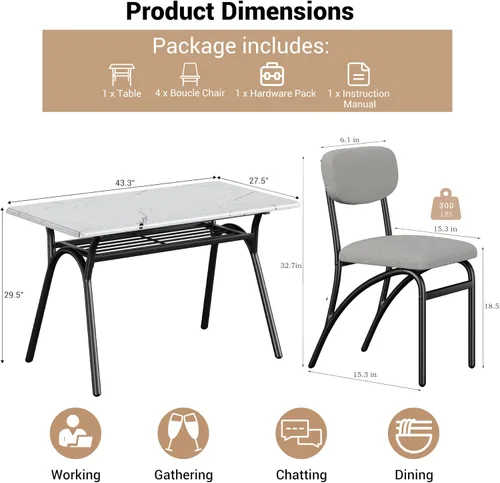 Vista 2 de GarveeHome Juego de mesa de comedor de 5 piezas para 4, mesa de cocina moderna con 4 sillas de bouclé, mesa de comedor rectangular con estante