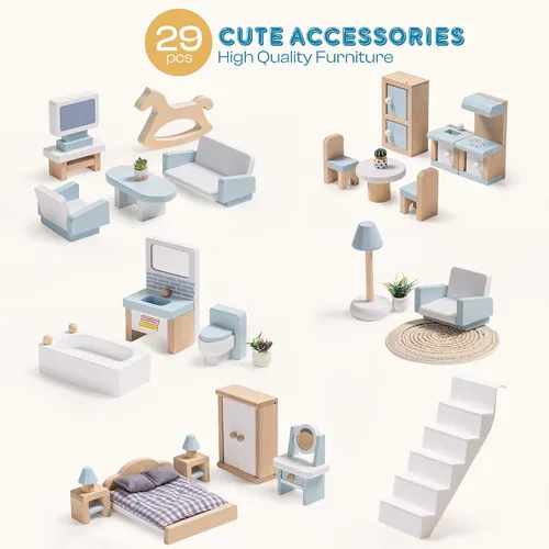 Vista 6 de ROBOTIME Casa de muñecas de madera, casa de muñecas de madera con 29 muebles, 6 habitaciones para muñecas de 4 a 6 pulgadas, regalo para niños a