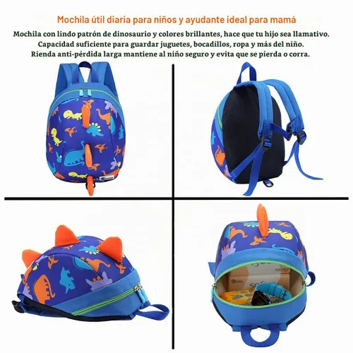 Vista 4 de DB Mini mochila de dinosaurio para niños pequeños con correa, arnés para niños y bebés (azul oscuro)