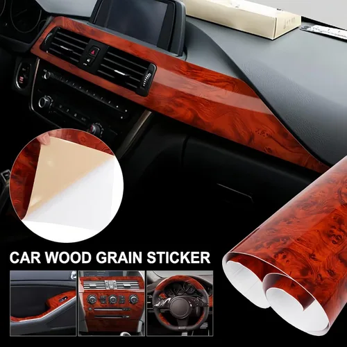 Vista 2 de Vinilo autoadhesivo de grano de madera de alto brillo para el interior del automóvil, calcomanías autoadhesivas de película DIY, rollo impermeable