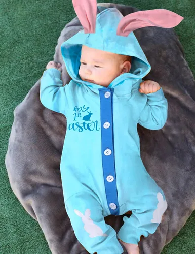 Vista 2 de Queenstyle Traje de Pascua para bebé niño, mameluco de manga larga con capucha y orejas de conejo para bebé niño