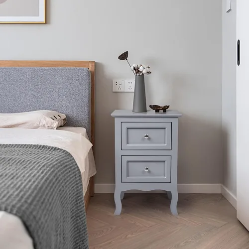 Vista 2 de Juego de 2 mesitas de noche para dormitorios, mesita de noche moderna con 2 cajones, mesa auxiliar de madera para espacios pequeños, sala de estar