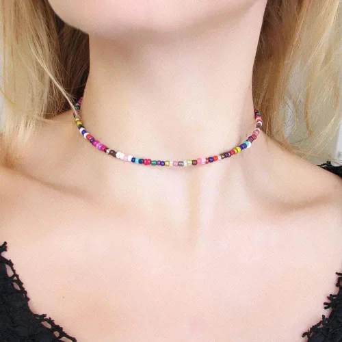 Vista 5 de Colorful Beaded Necklace for Women Beaded Pearl Choker Necklace for Teen Girls Stainless Steel 14K Gold Plated Necklace Y2K Trendy Pearl Necklace