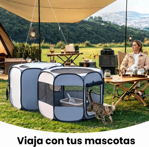Vista 7 de 2 en 1 Pop Up Cat Dog Playpen con área de caja de arena no desmontable Azul polvoriento