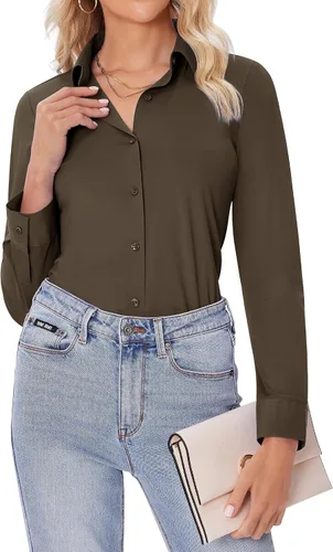 Vista 22 de siliteelon Camisas con botones para mujer, ajustadas, de manga larga, elásticas, de vestir, camisas de trabajo, sin arrugas, blusas de oficina