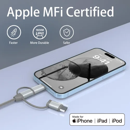 Vista 8 de Adaptador de cable de carga 3 en 1, Lightning certificado MFi de Apple, tipo C, cable micro USB, compatible con iPhone 16/15/14, iPad, Huawei, HTC