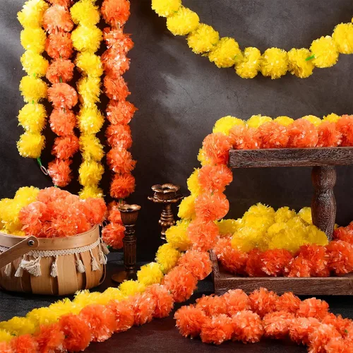 Vista 4 de Tigeen 60 guirnaldas de caléndula para decoración de 4 pies, flores artificiales de caléndula para decoración de manto, flores de caléndula india
