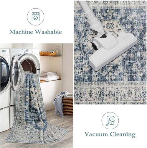 Vista 5 de Lahome Alfombra oriental lavable de área pequeña, 2 x 3 pies, para entrada, cocina, ultra fina, suave, tapete antideslizante para puerta de Azul
