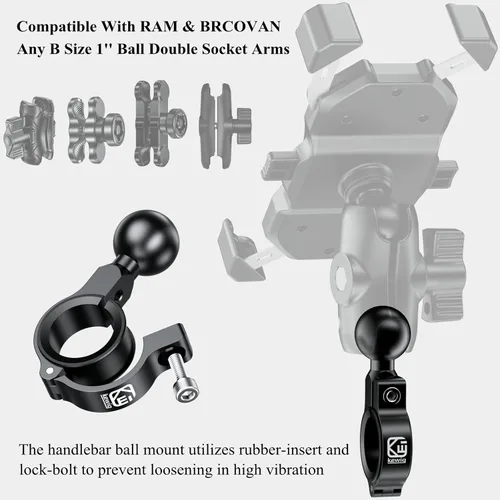 Vista 4 de BRCOVAN Base de montaje de manillar de aleación de aluminio con bola de TPU de 1 '' Compatible with RAM Mounts B Size 1 Inch Ball Double Socket
