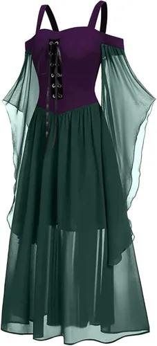 Vista 2 de JEATHA Disfraz medieval renacentista para mujer, vestido largo de gasa acampanado para Halloween, disfraz de princesa de bruja