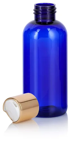 Vista 3 de JUVITUS Botella redonda Boston de plástico azul cobalto de 4 oz / 4.1 fl oz con tapa de disco dorada (paquete de 12)