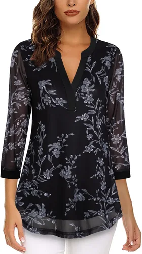 Vista 2 de Timeson - Blusas de manga de 3/4 para mujer, estilo casual, con cuello en V, camisas largas de vestir de doble capa, de malla Negro