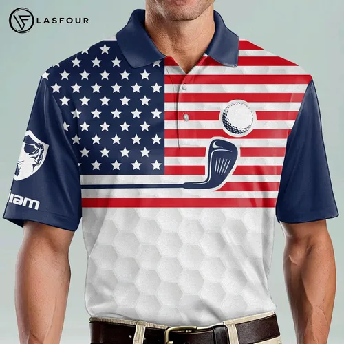 Vista 4 de LASFOUR Polo de golf personalizado divertido para hombre, orgulloso de golf, bandera estadounidense, polo patriótico 3D de golf para hombre