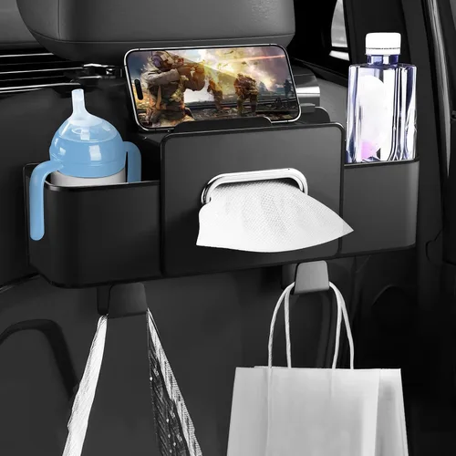 Vista 4 de Organizador de asiento trasero de automóvil con 1 paquete de 80 pañuelos, caja de pañuelos para el respaldo del asiento del automóvil y gancho