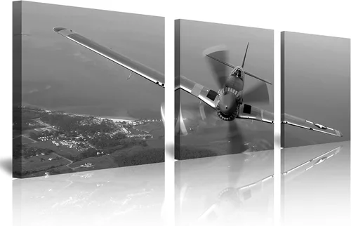 Vista 13 de 3 piezas de arte de pared en lienzo en blanco y negro vintage de la Segunda Guerra Mundial, aviones de combate militares, impresiones de fotografía