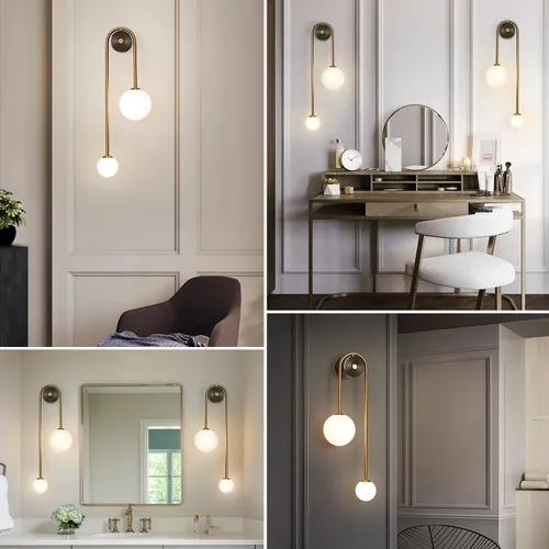 Vista 6 de Lámpara de pared moderna de mediados de siglo con forma de globo para interiores, 2 luces, color negro y dorado, con vidrio de leche, lámparas