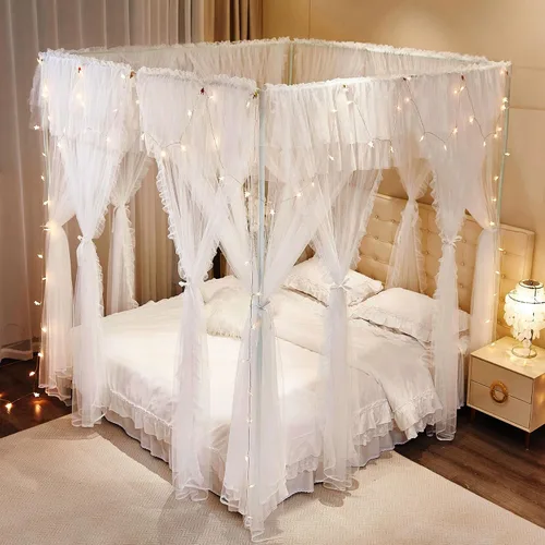 Vista 3 de AIOOO Cortinas de princesa de 4 esquinas para niñas, 8 paneles, cortinas de malla transparente de doble capa, decoración de habitación de niñas