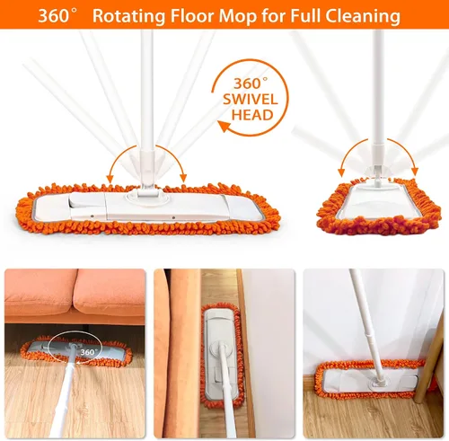 Vista 5 de JEHONN Barredora manual de alfombras con crin de caballo, trapeador de polvo para limpieza de suelos con 2 almohadillas de microfibra lavables