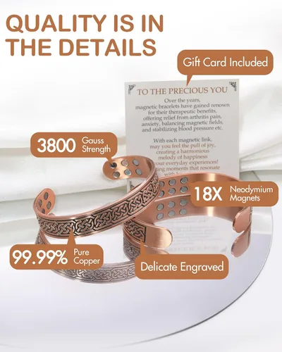 Vista 4 de Feraco Pulsera de cobre puro para hombres, pulseras de terapia magnética de fuerza mejorada 18X con 3500 imanes de neodimio Gauss, brazalete