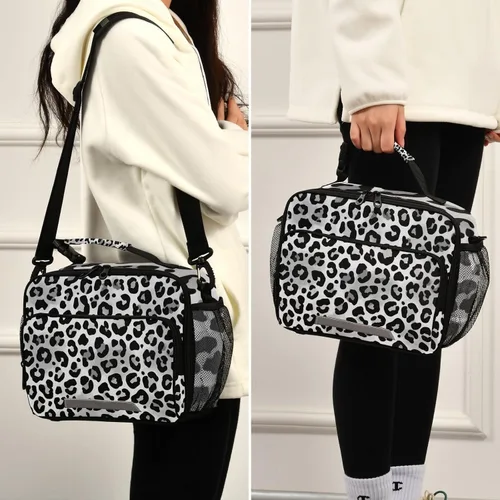 Vista 5 de Kcldeci Bolsa de almuerzo de colores grises con estampado de leopardo animal, bolsas de almuerzo aisladas, caja de almuerzo reutilizable, bolsa