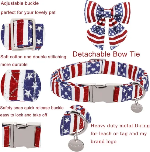 Vista 3 de Collar patriótico para perro con pajarita, collar de perro con lazo del 4 de julio, collar de bandera estadounidense para cachorros, machos