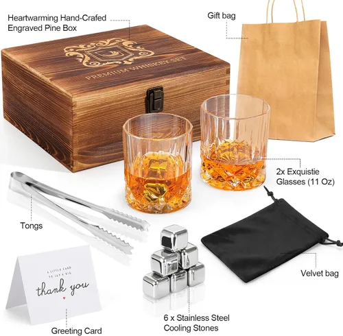 Vista 6 de Juego de vasos de whisky, juego de regalo de cumpleaños para hombre, piedras de whisky, vidrio de roca de bourbon con caja de regalo de madera