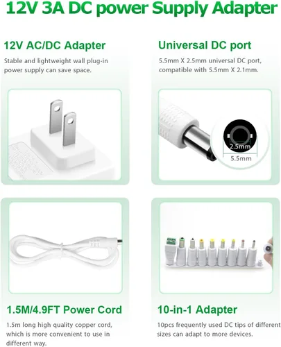 Vista 2 de Adaptador de CA de fuente de alimentación de 12V 3A 36W AC 100V-240V a DC 12V 3A Cable de alimentación
