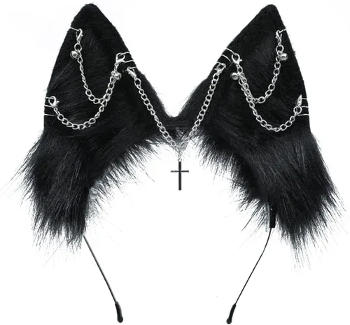 Vista 15 de VIGVAN Orejas de zorro de lobo hechas a mano Animal Cosplay Cute Head Accesorios para Halloween (negro)