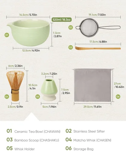 Vista 7 de Joiish Juego de batidor matcha, kit de 5 piezas, tazón de cerámica con asa y soporte, batidor de bambú, tamiz, cuchara, herramientas tradicionales