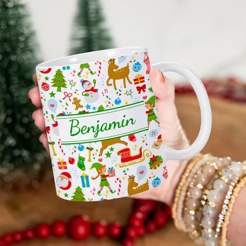 Vista 5 de Taza de cerámica de Navidad personalizada para niños, niñas, adultos con nombre personalizado, tazas de café de chocolate caliente, taza de té de 11