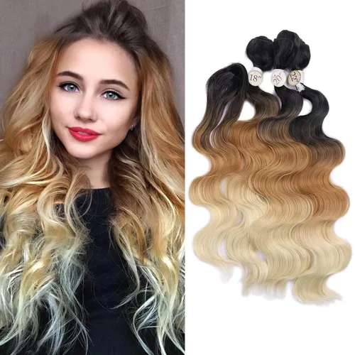 Vista 10 de HANNE Paquetes de cabello castaño mezclado con extensiones de cabello ondulado con cierre Sintético 18 "20" 22" con cierre de encaje, resistente