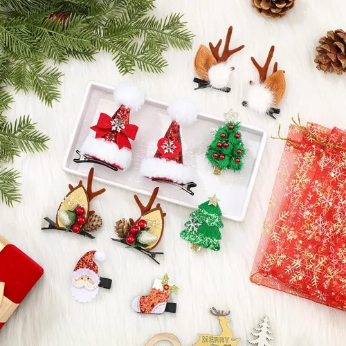 Vista 3 de Dingion Juego de 8 pinzas navideñas para el cabello, bolsas de organza