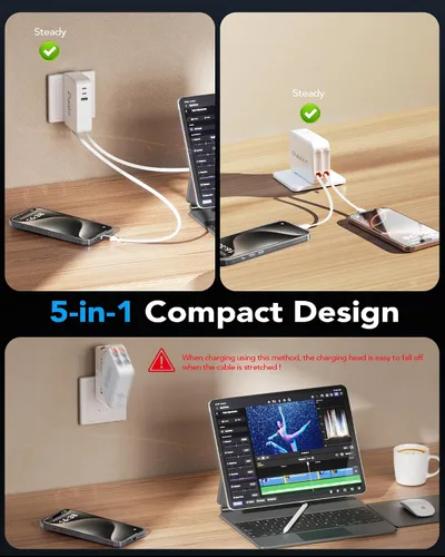 Vista 8 de Cargador de 65 W para MacBook Pro, enchufe de cargador de pared retráctil 5 en 1 para iPhone Blanco