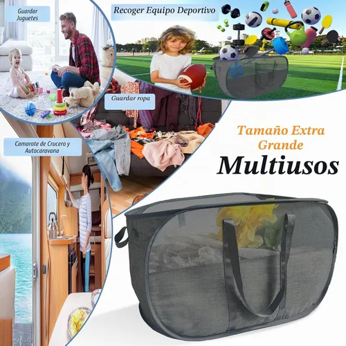 Vista 4 de Cesta de lavandería plegable mejorada de 100 L, cesta de lavandería desplegable de malla extragrande, cesta de ropa sucia con asas largas, cestas