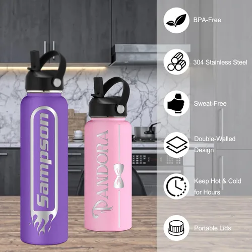 Vista 6 de Botella de agua grabada personalizada aislada con pajilla, botella de agua deportiva personalizada con nombre, botella de agua de acero inoxidable