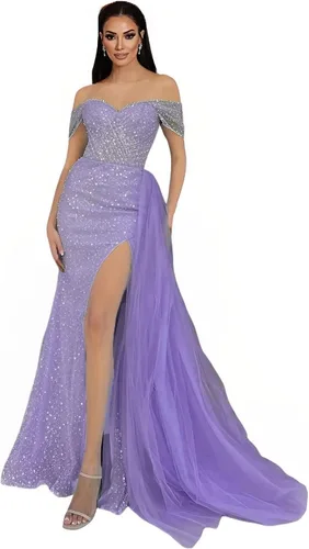 Vista 5 de Vestido de fiesta de sirena brillante con lentejuelas, largo con abertura, hombros descubiertos, vestido formal de fiesta con cola para mujer
