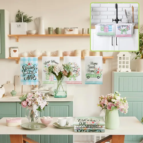 Vista 6 de Kajaia 6 toallas de cocina de primavera, toallas de mano florales de 15.8 x 23.6 pulgadas, paño de cocina rosa con flores de primavera absorbente