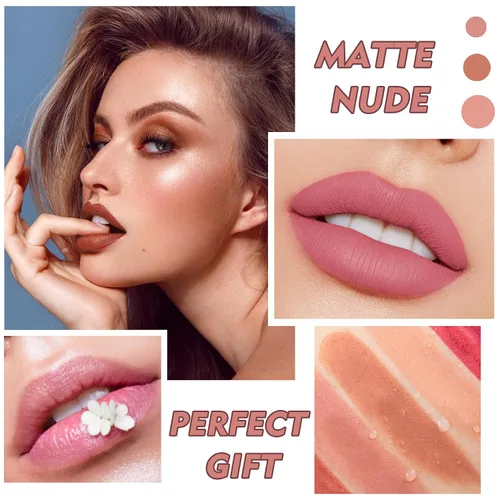 Vista 6 de IONSGAKO Lápiz labial mate nude aterciopelado, brillo de labios, no se decolora, no se pega a la copa, lápiz labial color nude, tinte de labios
